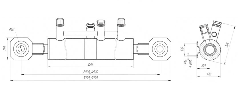 Double rod hydraulic cylinder. Scheme